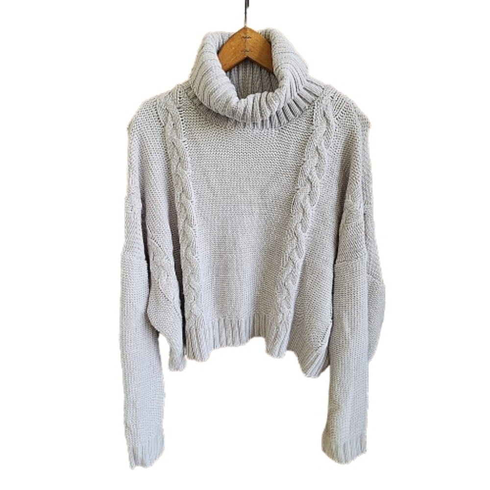 Womens M Cozy Cable Knit Tan Neutral Fisherman Cabincore Turtleneck Sweater